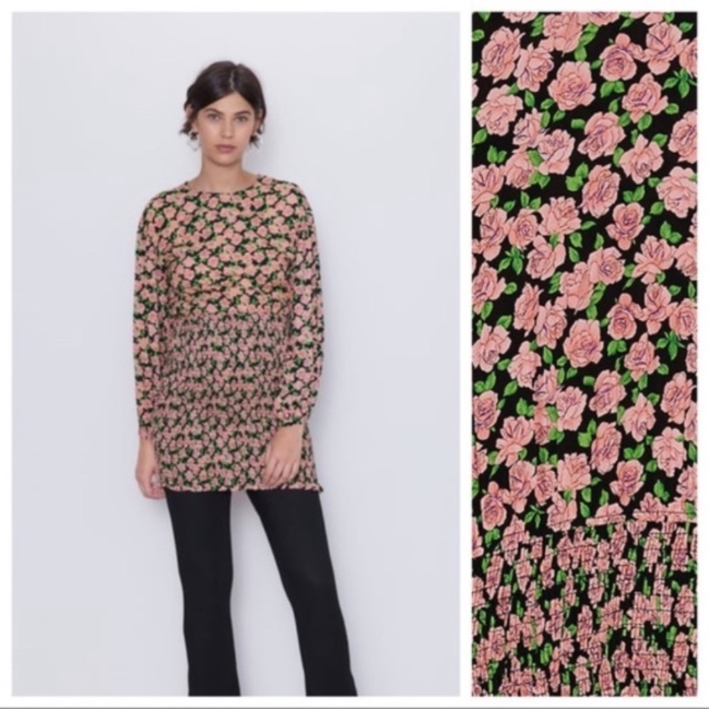 Zara Elastic Print Mini Dress with a pink and green floral pattern - Picture 7 of 7